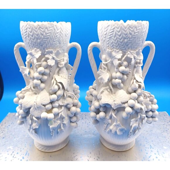 Antique Blanc De Chine Parian Ware Porcelain Bisque Amphora Vases Set Of 2 - Picture 6 of 15